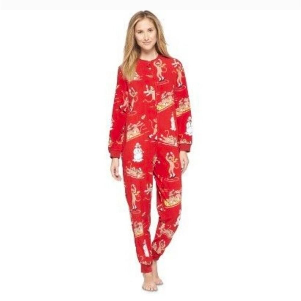 Nick & Nora Sock Monkey One Piece Fleece Pajama Suit Sz M Zip Up Red Winter Cozy